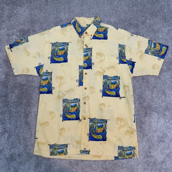 Hook & Tackle Button Shirt Mens‎ Medium Beige Blue Mahi Mahi Print Short Sleeve - Picture 1 of 7